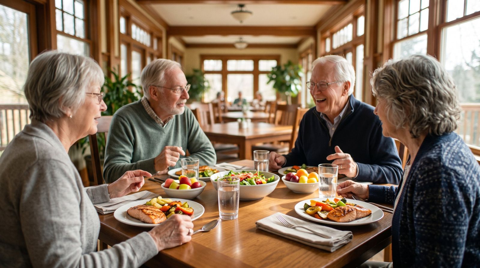 Four older adults enjoying a grilled salmon and vegetable lunch together in a sunlit dining room